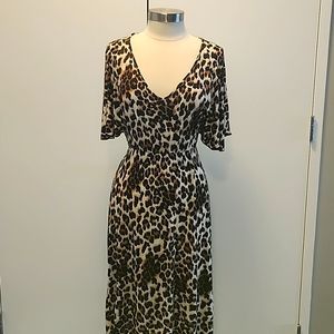 Leopard Print, V-Neck Plunge Flutter Sleeves Dress
